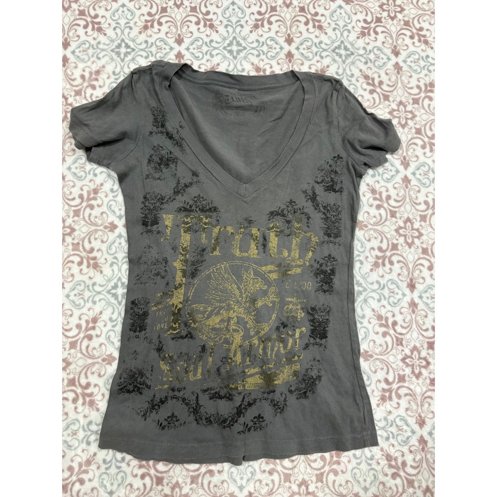 Truth Soul Armor Womens Charcoal Gray Graphic V-Neck T-Shirt Gold Griffin Sz M
